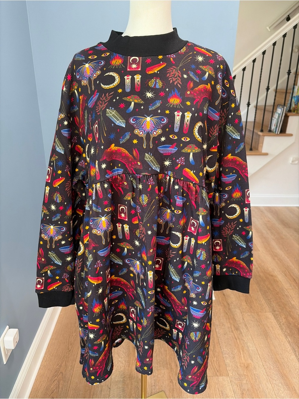 Black Friday Woodland Witch Dress Black Celestial Mushroom Print L NWT